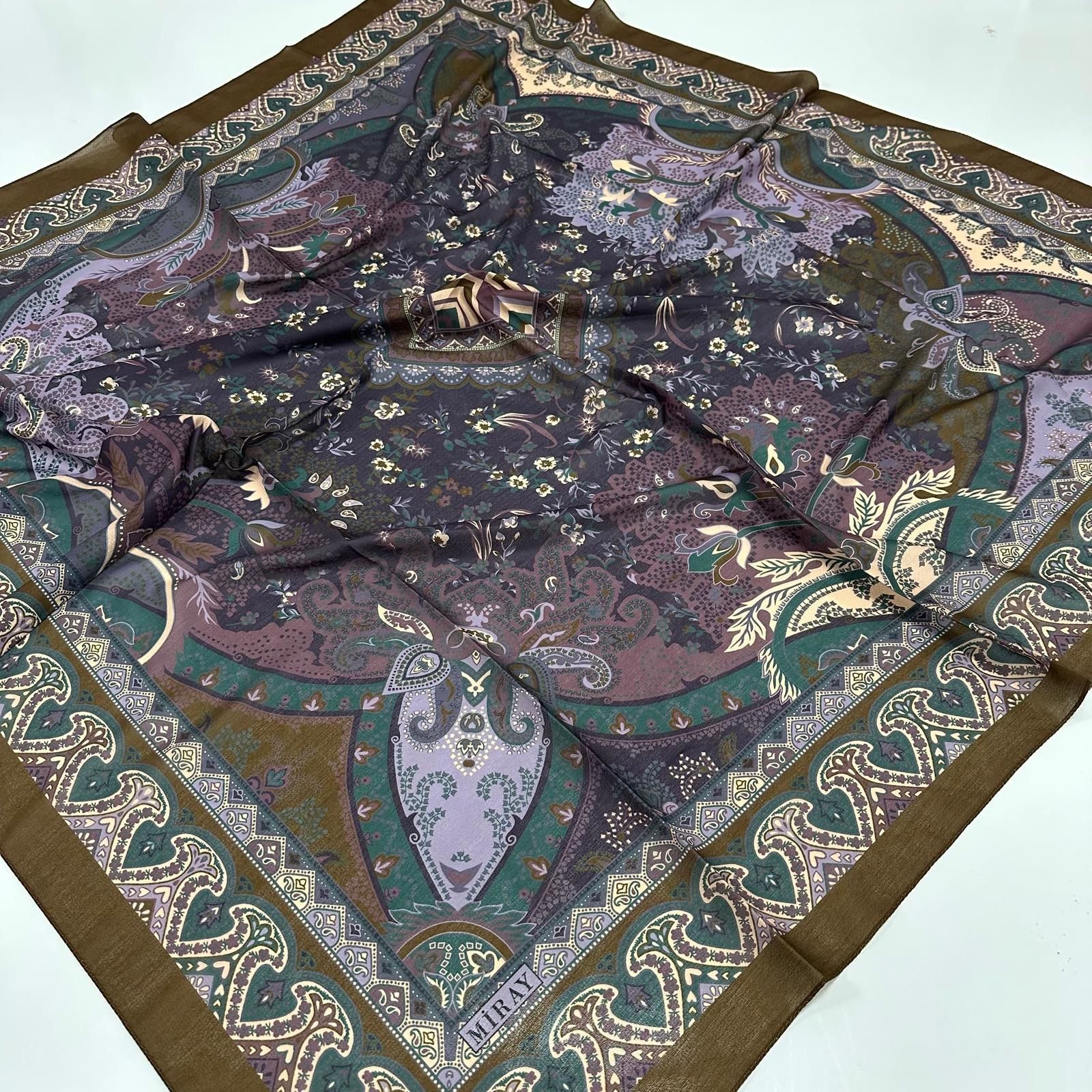 120x120 Etnik Desenli Soft Pamuk Vintage Eşarp - Yağ Yeşili