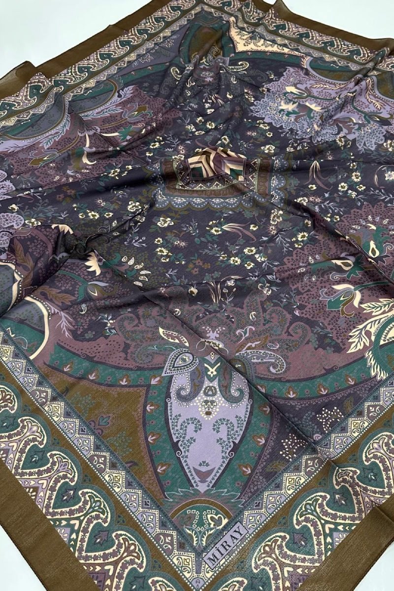 120x120 Etnik Desenli Soft Pamuk Vintage Eşarp - Yağ Yeşili