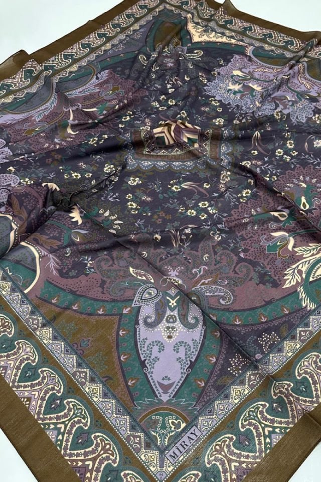 120x120 Etnik Desenli Soft Pamuk Vintage Eşarp - Yağ Yeşili