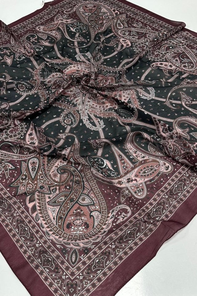 120x120 Etnik Desenli Soft Pamuk Eşarp - Bordo Siyah