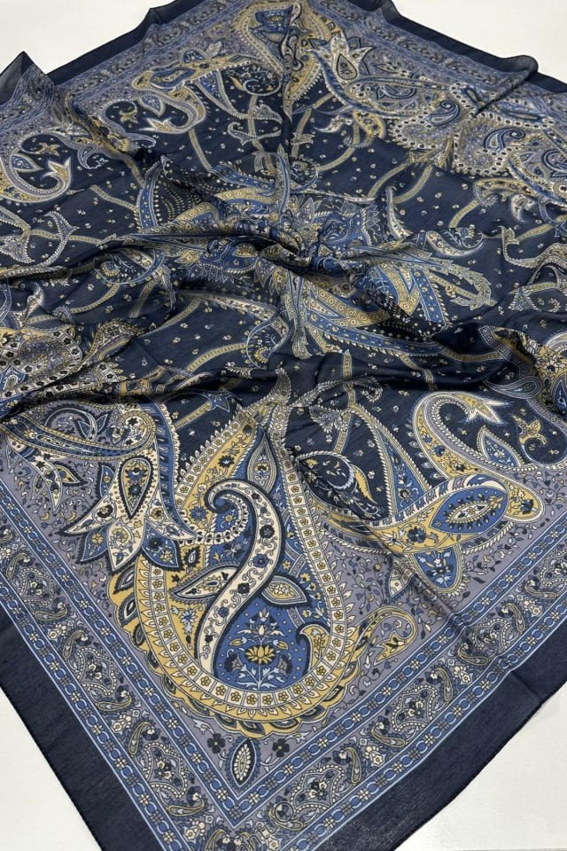 120x120 Etnik Desenli Soft Pamuk Eşarp - Lacivert Mavi