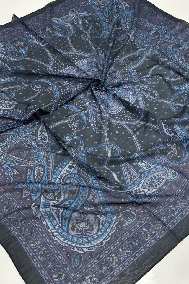 120x120 Etnik Desenli Soft Pamuk Eşarp - Mavi