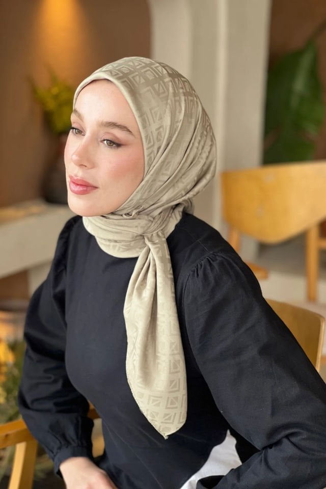 Etnik Desenli İpeksi Jakar Eşarp - Antik Bej