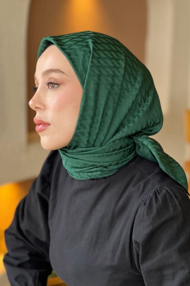 Damla Desenli İpeksi Jakar Eşarp - Deniz Yeşili