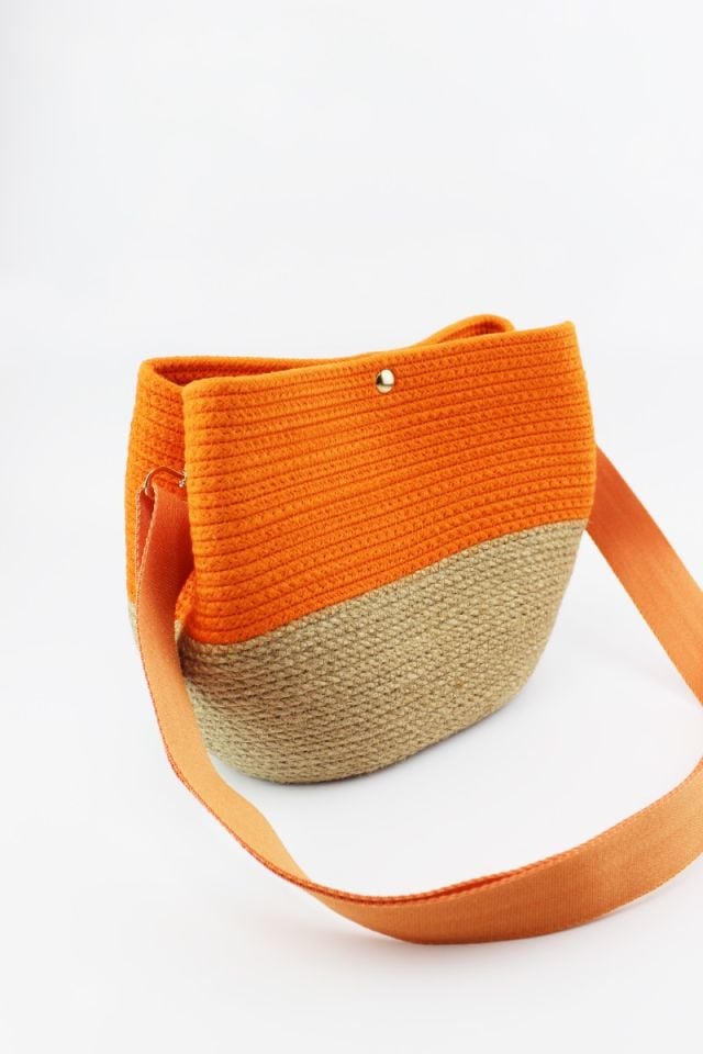 Çıtçıt Kapamalı Turuncu Hasır Kadın Omuz Çantası 26x21x11 Cm