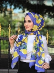 Siyane Scarf Limon Desenli Pamuklu Şal - Mavi