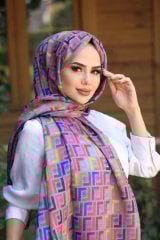 Siyane Scarf Geometrik Desenli Pamuklu Şal - Kurşun
