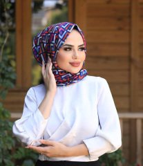 Siyane Scarf Geometrik Desenli Pamuklu Şal - Lacivert