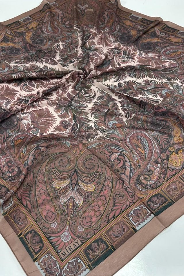 120x120 Etnik Desenli Soft Pamuk Lale Eşarp - Vizon