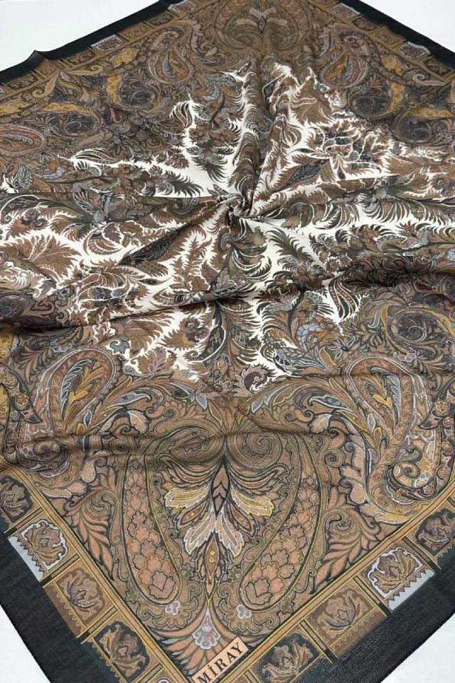 120x120 Etnik Desenli Soft Pamuk Lale Eşarp - Kahve