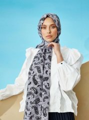 Badem Desenli Pamuklu Şal - Gri Siyah