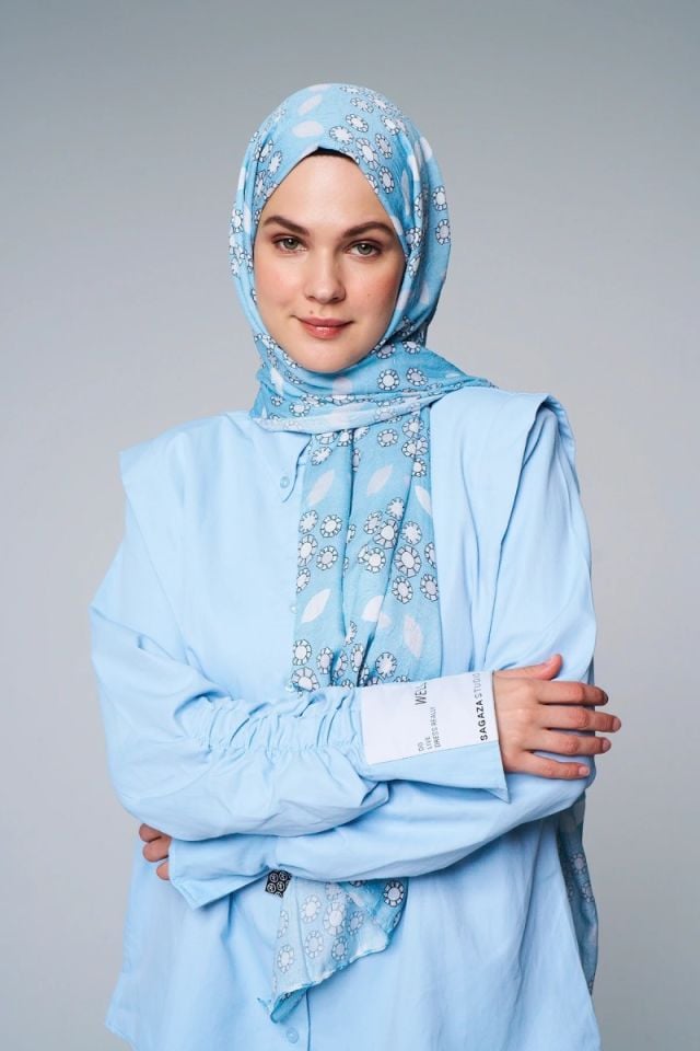 Damla Çiçek Desen Bambu Şal - Açık Mavi