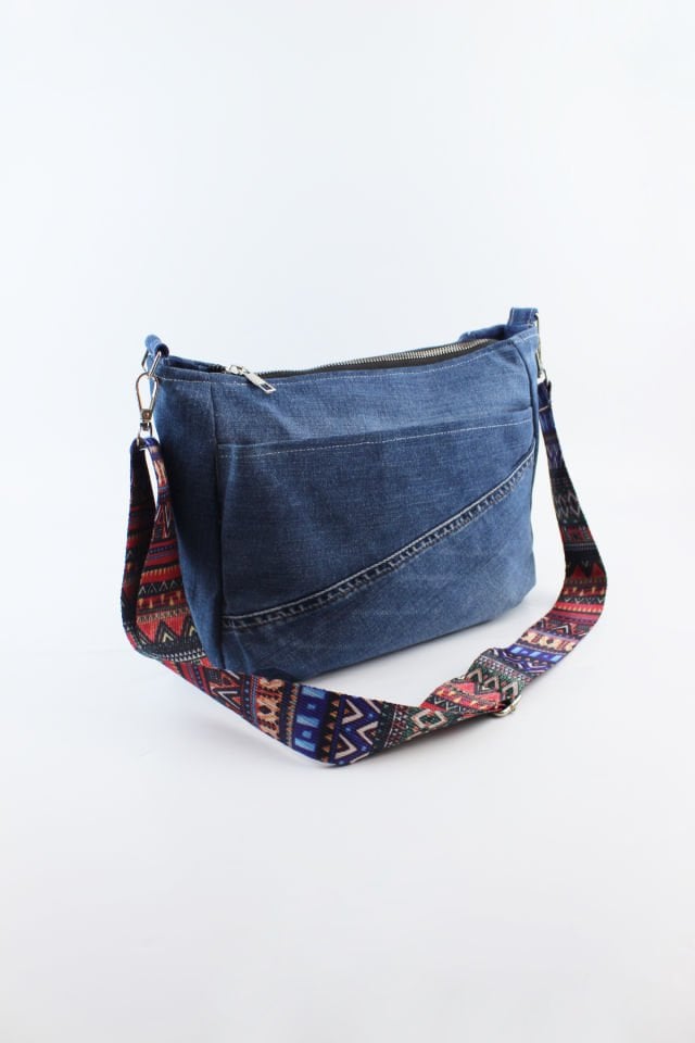 Düz Renk Kot Kumaş Fermuar Kapamalı Mavi Kadın Orta Boy Çapraz Omuz Çantası 28x22x9 Cm