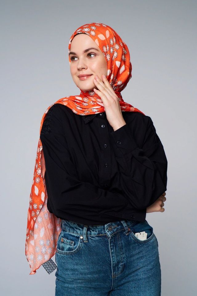 Damla Çiçek Desen Bambu Şal - Turuncu