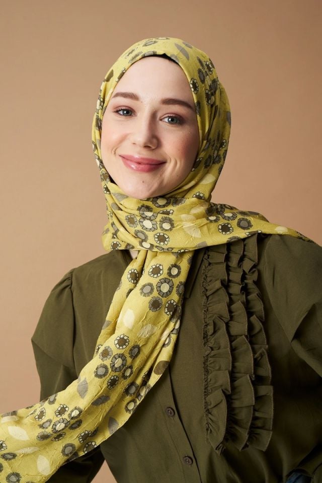 Damla Çiçek Desen Bambu Şal - Zeytin