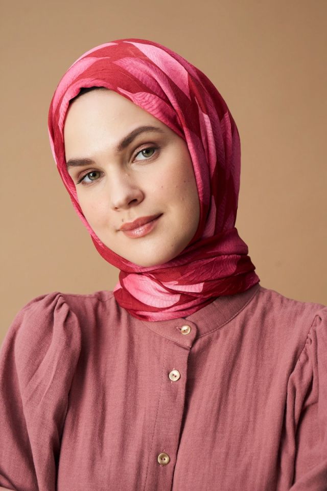 Yaprak Desen Bambu Şal - Kırmızı