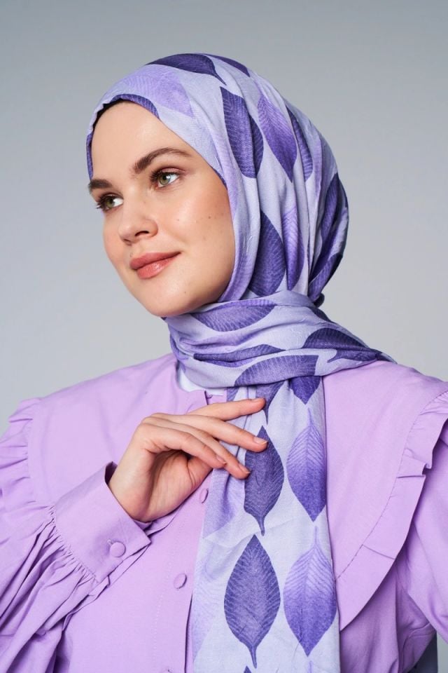 Yaprak Desen Bambu Şal - Lila