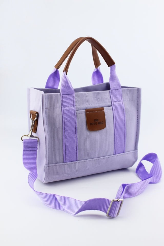 Mini Tote Bag Baskılı Lila Kanvas Kadın El ve Omuz Çantası 24x20x12 Cm
