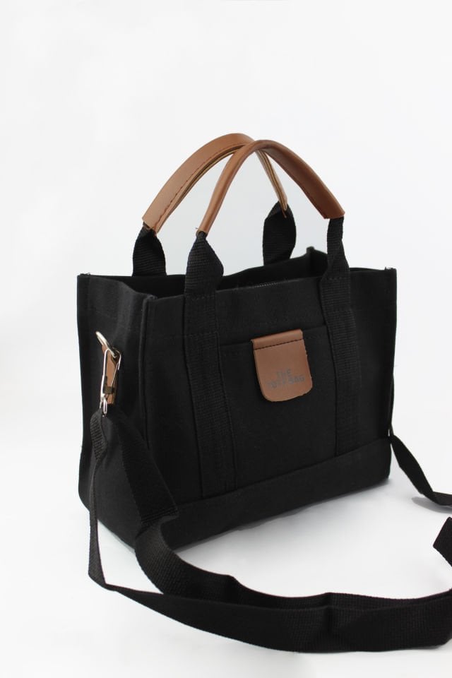 Mini Tote Bag Baskılı Siyah Kanvas Kadın El ve Omuz Çantası 24x20x12 Cm