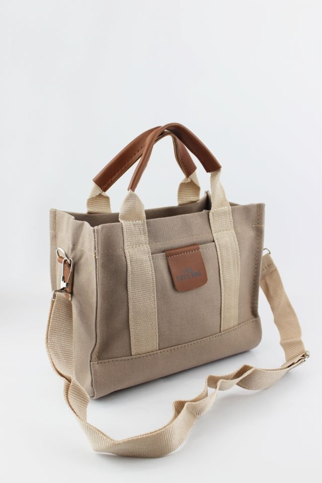 Mini Tote Bag Baskılı Vizon Kanvas Kadın El ve Omuz Çantası 24x20x12 Cm