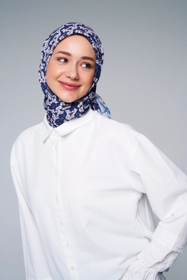 Çark Çiçek Desen Bambu Eşarp - Lacivert Tozlu Kahve