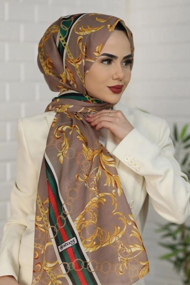 Siyane Scarf Osmanlı Desenli Pamuklu Şal - Vizon