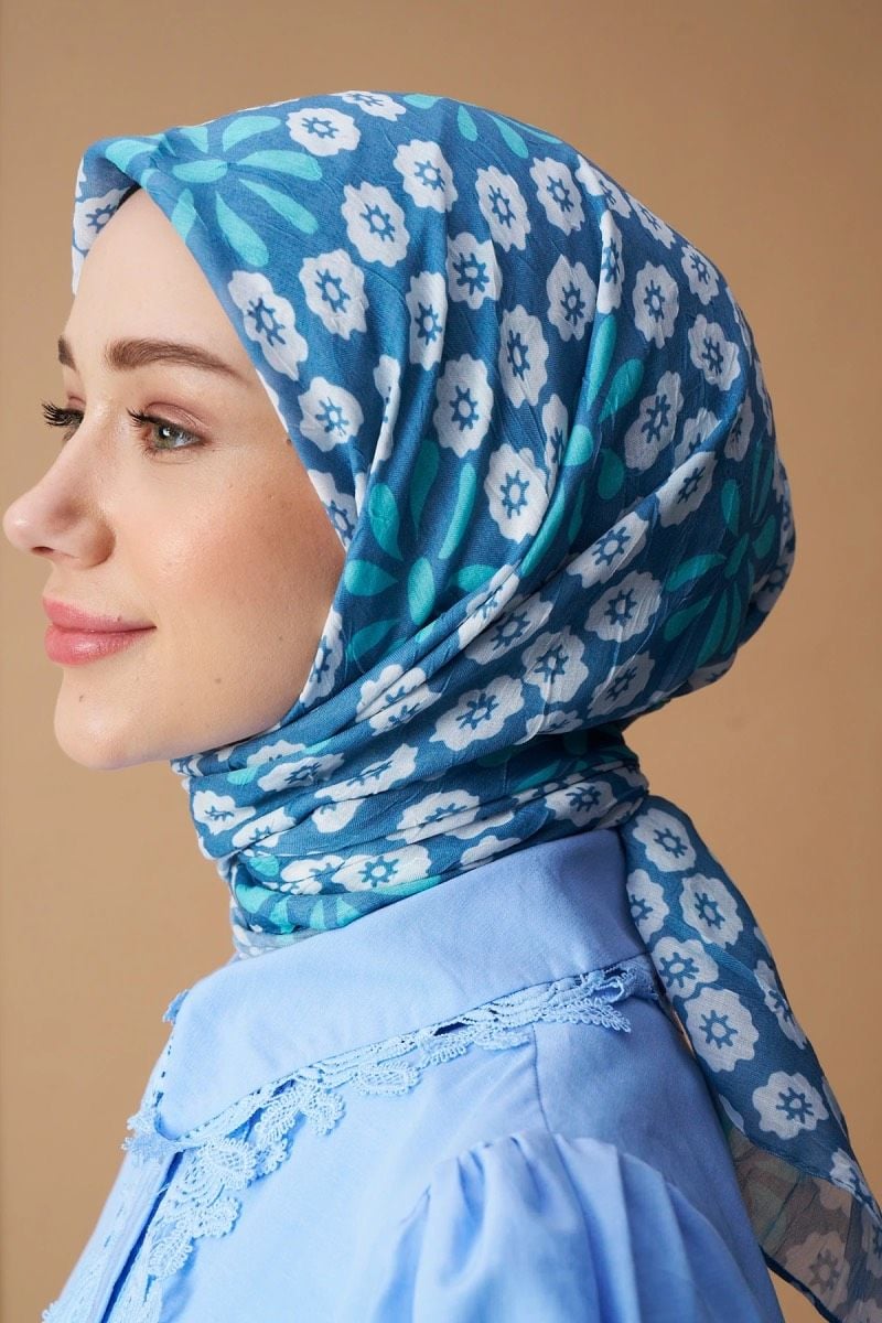 Vintage Papatya Desen Bambu Eşarp - Açık Mavi
