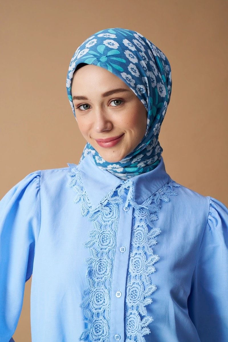 Vintage Papatya Desen Bambu Eşarp - Açık Mavi