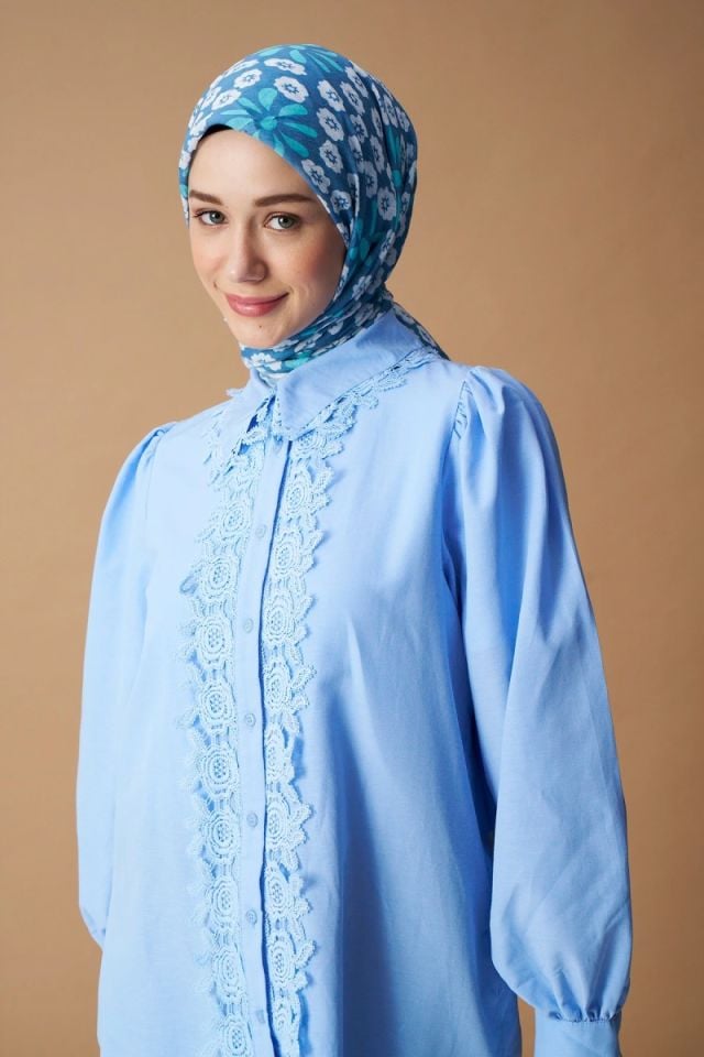 Vintage Papatya Desen Bambu Eşarp - Açık Mavi
