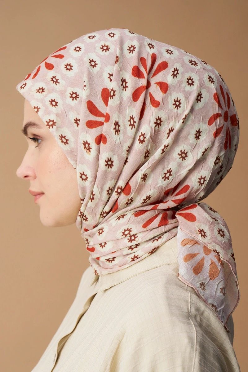 Vintage Papatya Desen Bambu Eşarp - Açık Vizon