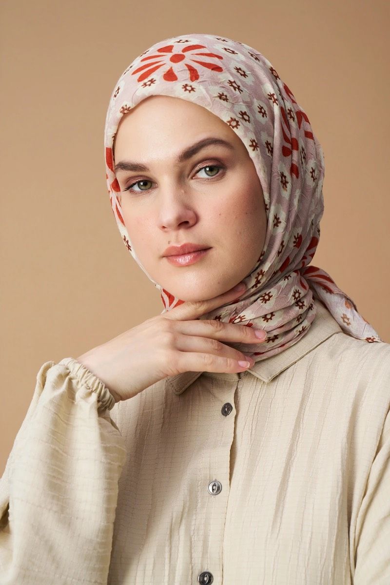 Vintage Papatya Desen Bambu Eşarp - Açık Vizon