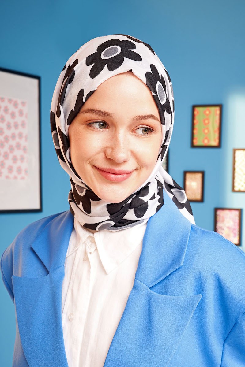 Flores Desen Pamuk Şal - Siyah