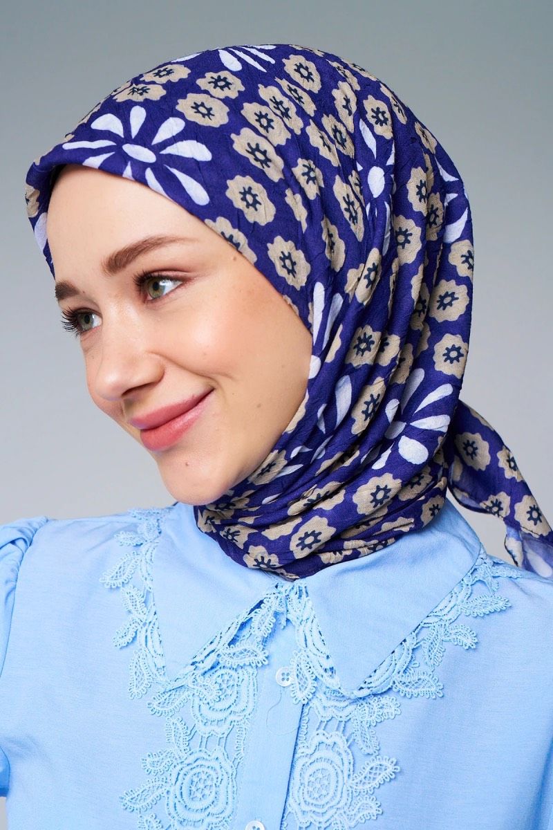 Vintage Papatya Desen Bambu Eşarp - Lacivert Vizon