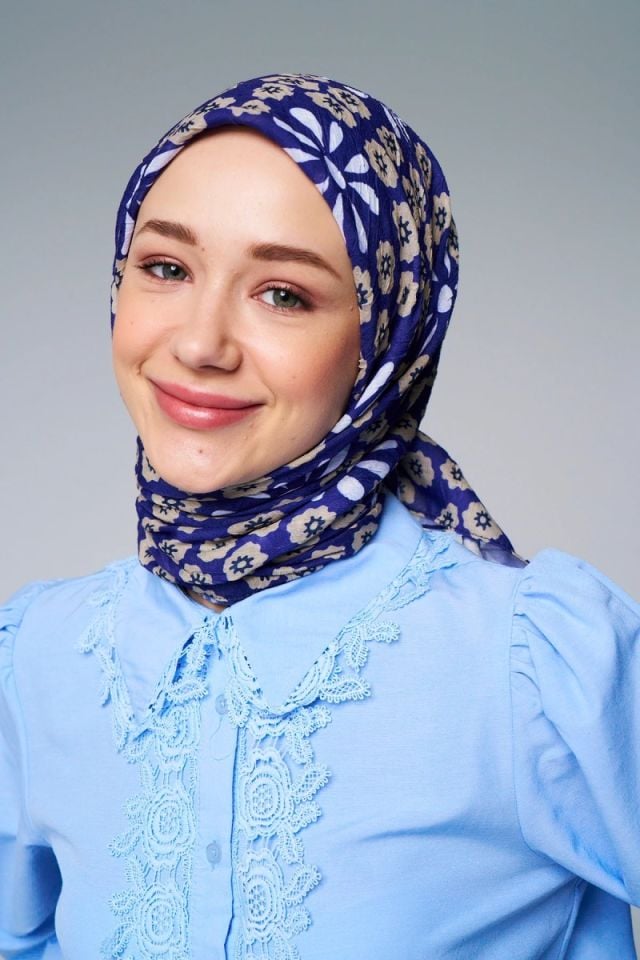 Vintage Papatya Desen Bambu Eşarp - Lacivert Vizon