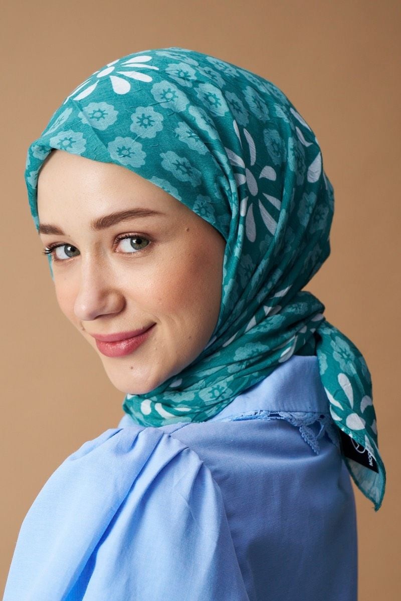Vintage Papatya Desen Bambu Eşarp - Mint