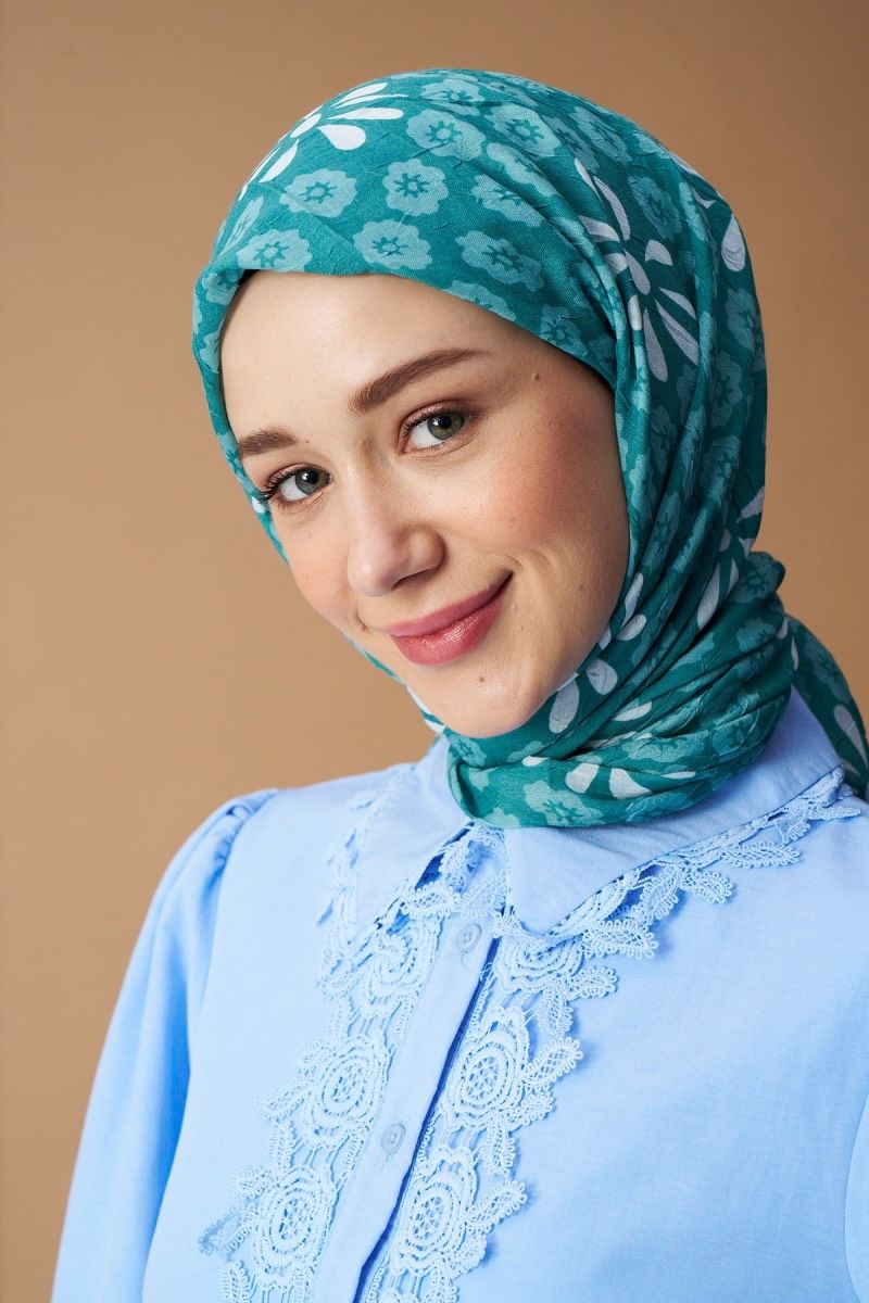 Vintage Papatya Desen Bambu Eşarp - Mint