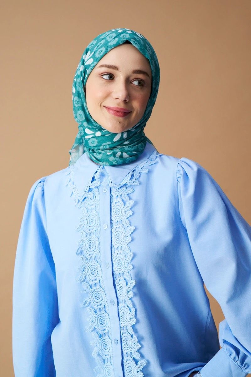 Vintage Papatya Desen Bambu Eşarp - Mint