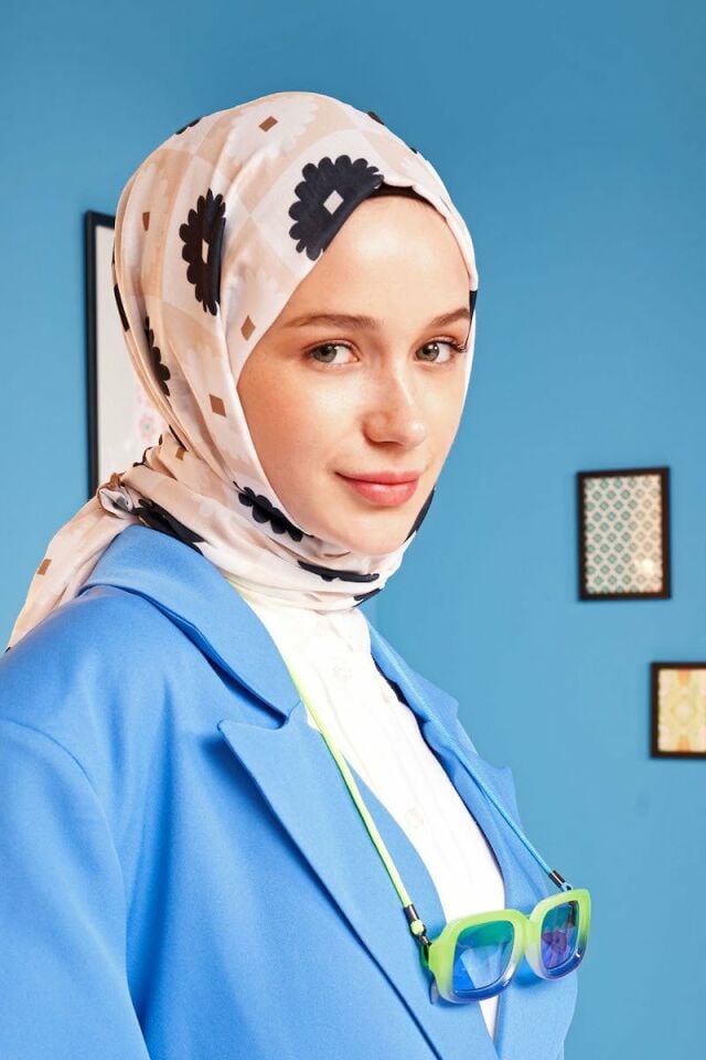 Vintage Mozaik Desen Pamuk Şal - Kahverengi