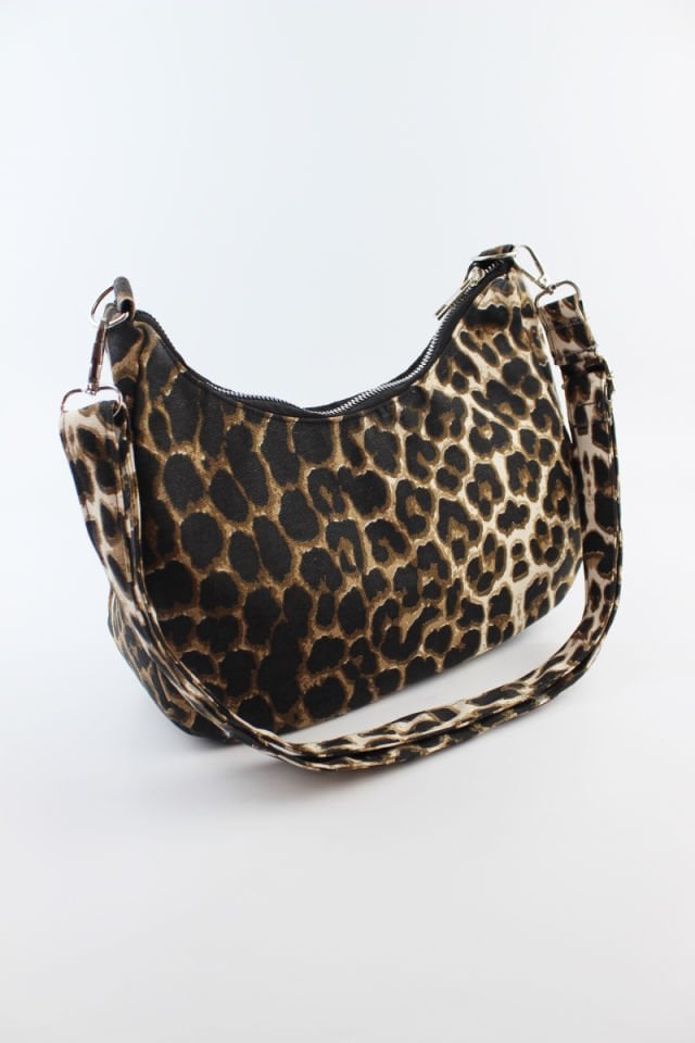 Leopar Desenli Kot Kumaş Kahve Kadın Küçük Boy Baget Kadın Omuz Çantası 27x15x10 Cm