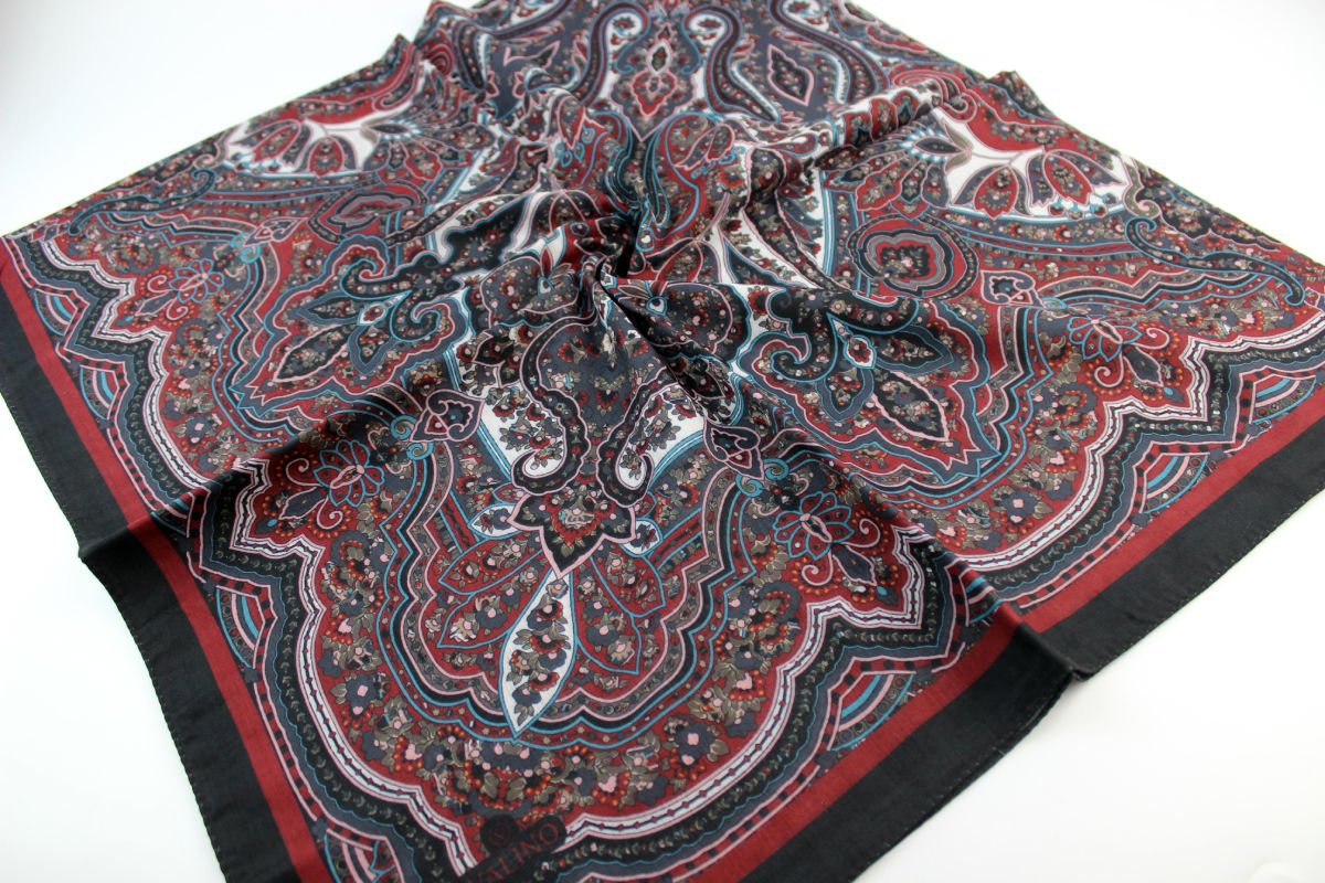 120x120 Etnik Desenli Pamuklu Vintage Eşarp - Siyah Kırmızı