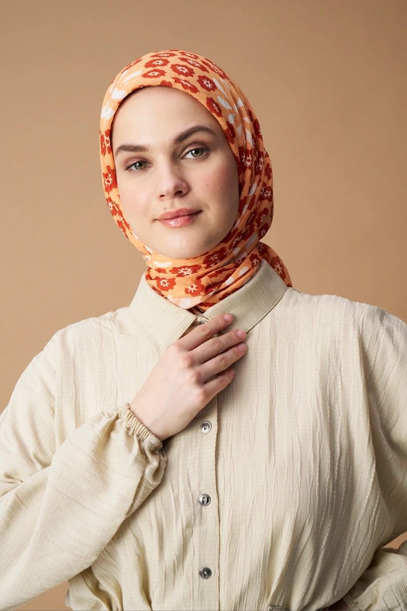 Vintage Papatya Desen Bambu Eşarp - Turuncu
