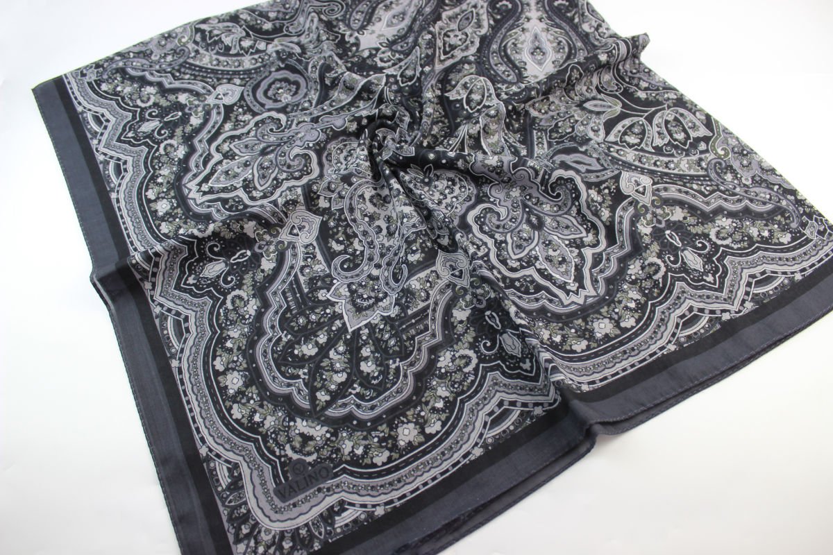 120x120 Etnik Desenli Pamuklu Vintage Eşarp - Koyu Gri