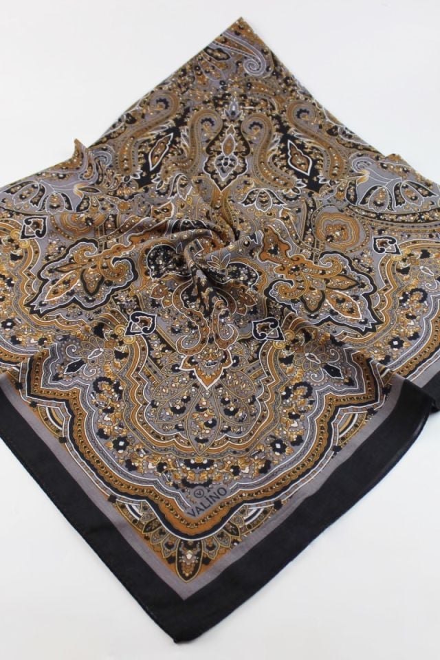 120x120 Etnik Desenli Pamuklu Vintage Eşarp - Antrasit