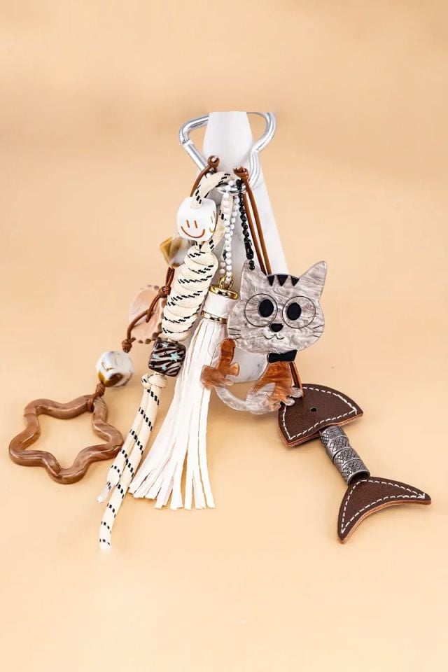 Kedi Balık Kahve Charm Çanta Aksesuarları (Çanta Dahil Değildir)