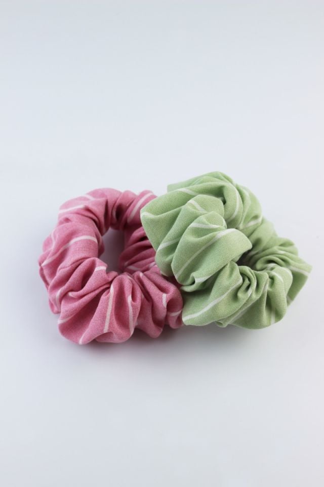 İkili Çizgi Desenli Pamuklu Lastik Toka Seti Simit Toka - Pembe, Yeşil