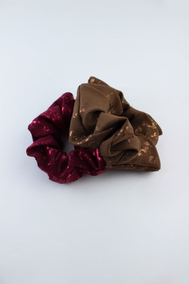 İkili Simli Yumuşak Kumaş Lastik Toka Seti Simit Toka - Mürdüm, Tarçın