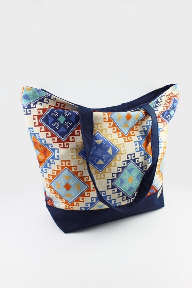 Kilim Desenli Lacivert Kot Kumaş Fermuar Kapamalı Kadın Büyük Boy Omuz Çantası 30x35x12