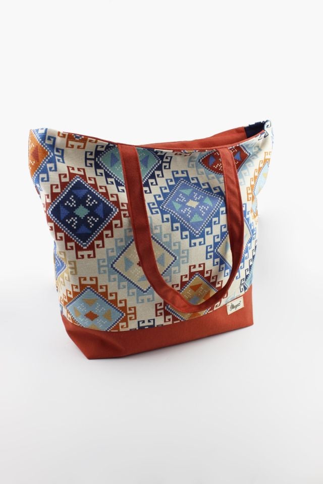 Kilim Desenli Kiremit Kot Kumaş Fermuar Kapamalı Kadın Büyük Boy Omuz Çantası 30x35x12