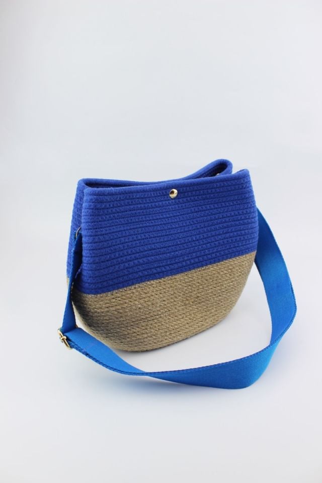 Çıtçıt Kapamalı Saks Hasır Kadın Omuz Çantası 26x21x11 Cm