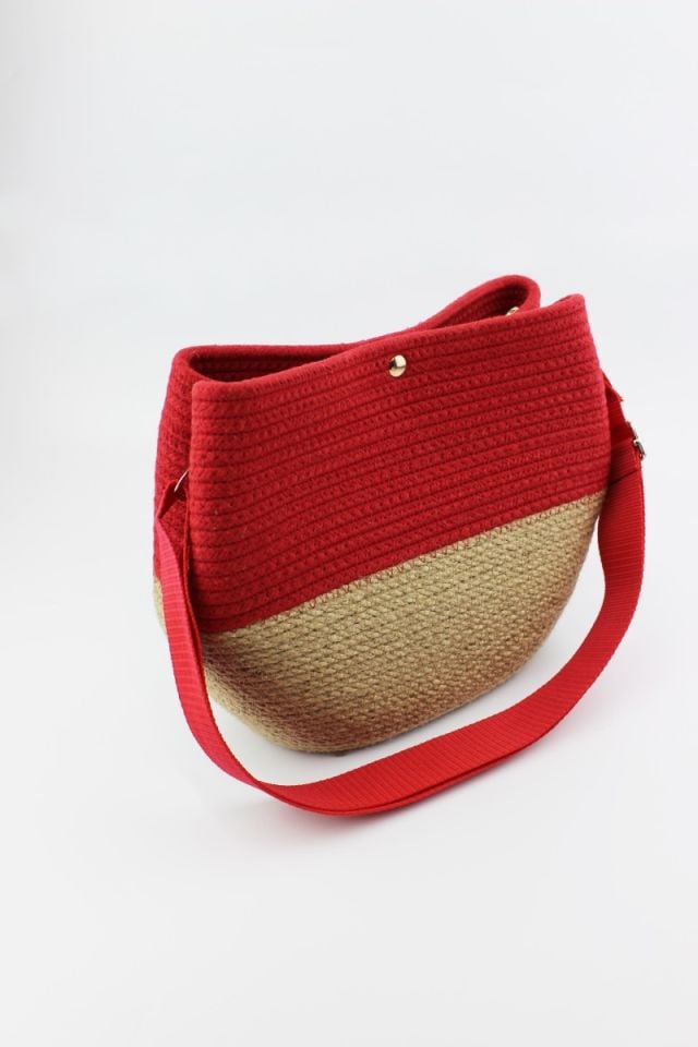 Çıtçıt Kapamalı Kırmızı Hasır Kadın Omuz Çantası 26x21x11 Cm